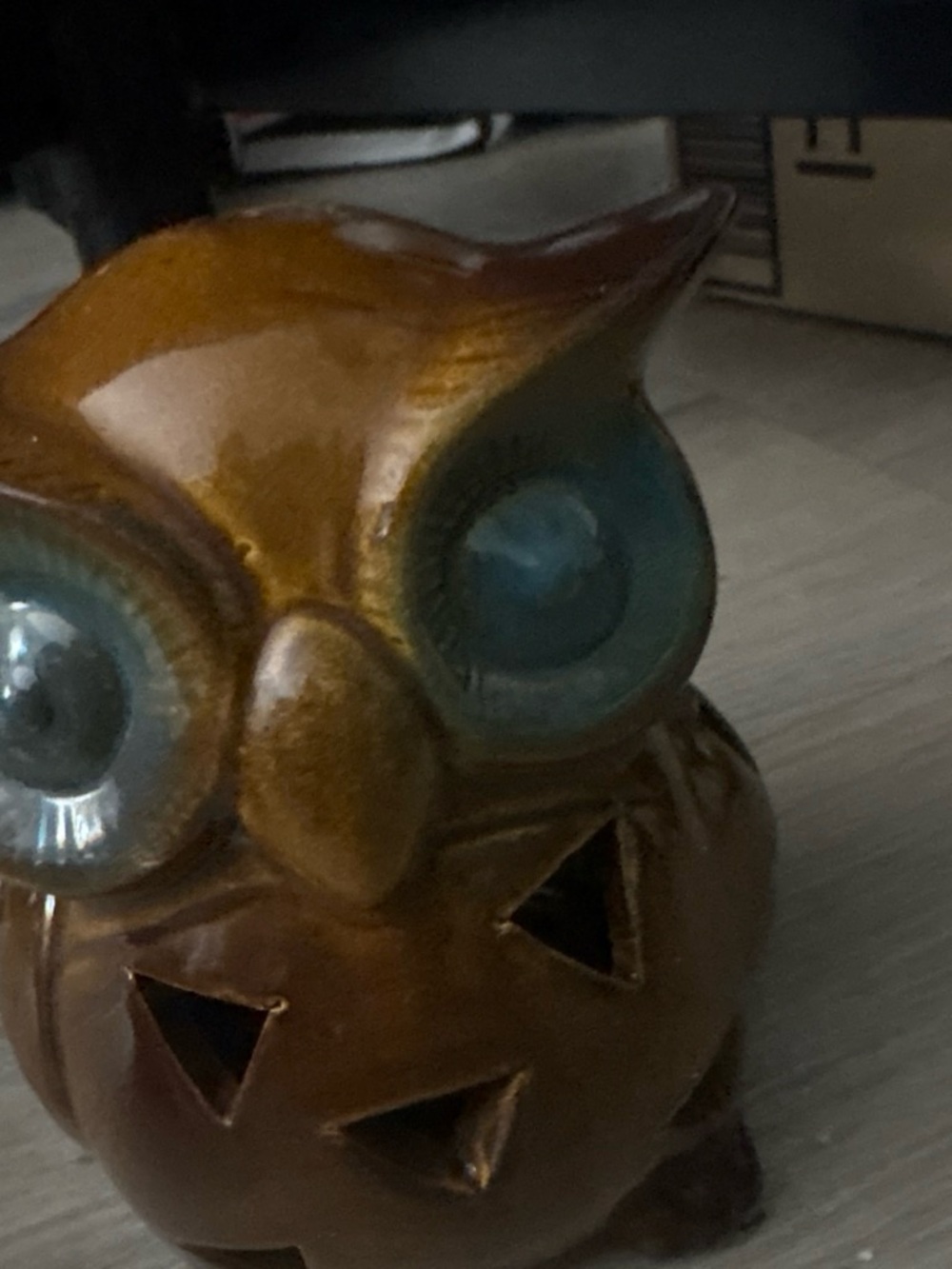 Handcrafted Ceramic Owl Figurine in Brown with Blue Eyes